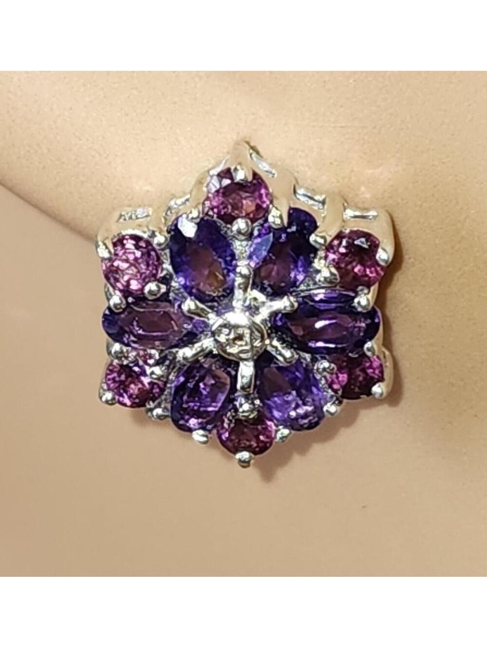NEW Ravishing Sterling Silver Natural Amethyst and Garnet Stud Earrings